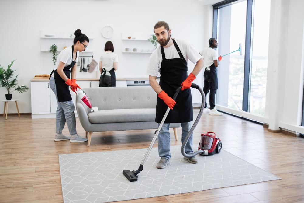 Cleaning team in modern room