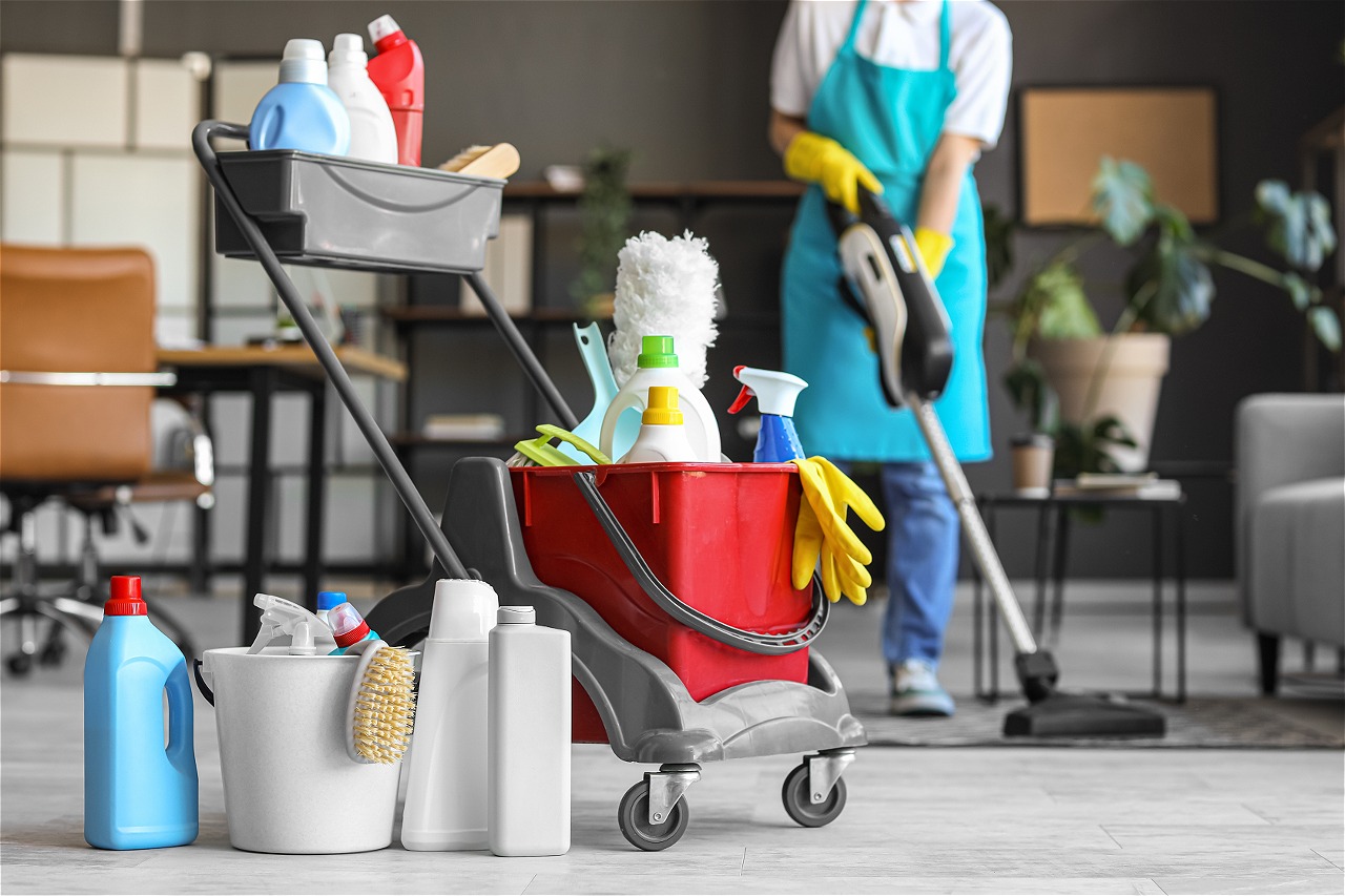 Cleaning supplies and equipment cart